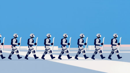 A line of soldiers in uniform marching with purpose across a clear setting.の素材
