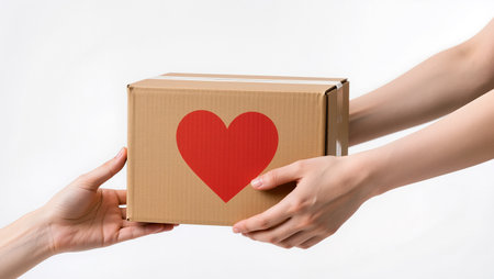 Two hands exchange a heart-decorated box, symbolizing kindness and connection.の素材