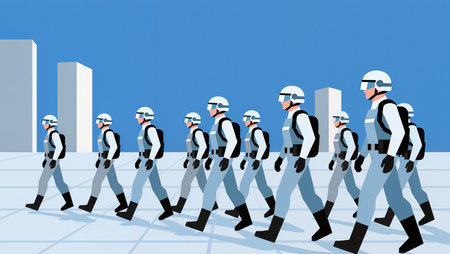 Robotic figures clad in sleek uniforms march together under a bright blue sky.の素材