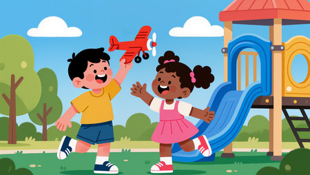 Two children enjoy a sunny day at the playground, laughing and sharing fun.の素材