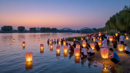 People gather by the river, releasing glowing lanterns as the sun sets over the horizon.の素材