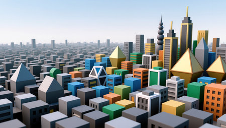 A lively scene of a city built from colorful geometric shapes, showcasing creativity.の素材