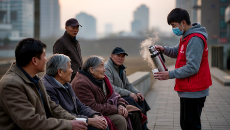 A young man serves hot drinks to elderly people on a cold morning in the city.の素材