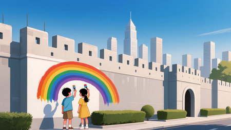Two children joyfully create a colorful rainbow mural on a city wall.の素材