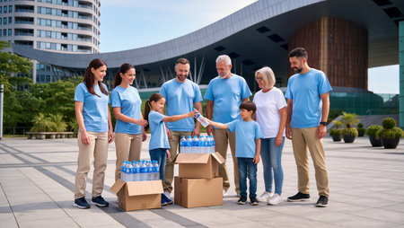 A group of people hands out bottled water at a park on a sunny day.の素材