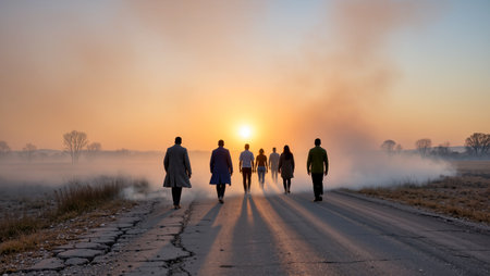 A group of six individuals strolls along a misty path at dawn, embracing the new day.の素材
