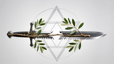 A sword entwined with leaves symbolizes the balance of peace and conflict.の素材