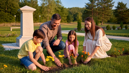 Four family members happily plant colorful flowers in their beautiful garden.の素材