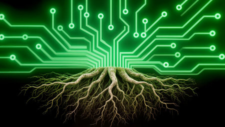 Roots merge with circuits, symbolizing the connection between nature and technology.の素材