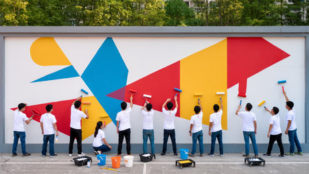 Talented group collaborated to paint a vibrant mural on a large wall outdoors.の素材