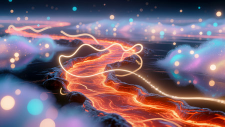 A vibrant river of light winds through a magical night scene filled with glowing clouds.の素材