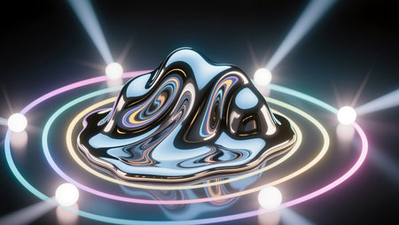 A shiny, abstract metal figure sits in the center, illuminated by vibrant lights.の素材