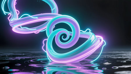 Colorful neon spirals twist in intriguing shapes above a reflective surface.の素材