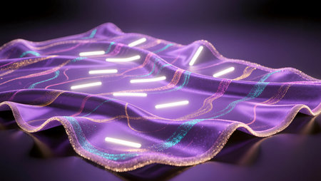 A captivating display of a purple fabric undulating softly, illuminated by bright lines.の素材