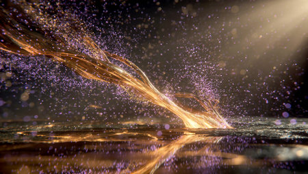 Golden light ribbons swirl, scattering shimmering particles in the air.の素材