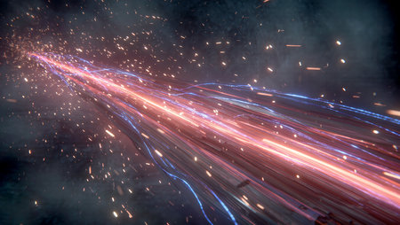 Bright streams of colorful light dance across a dark background, captivating viewers.の素材