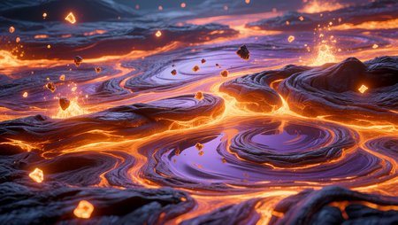 Bubbling lava streams dance with vibrant colors in a surreal volcanic scene.の素材