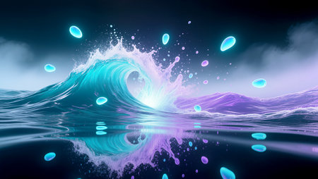 Waves burst with colors and light, creating an enchanting scene in the ocean.の素材