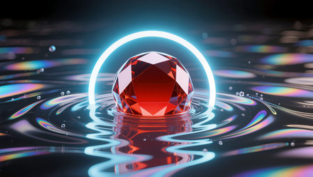 A glowing red gem sits gracefully on water, with ripples and light playing around it.の素材