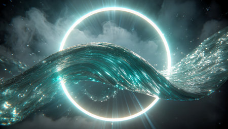 A mesmerizing wave glimmers with light beneath a luminous circle amidst clouds.の素材