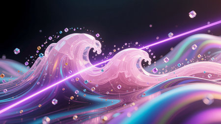 Waves in vibrant colors swirl and crest, surrounded by tiny sparkling gems.の素材