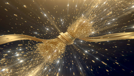 Golden ribbons intertwine, surrounded by a dazzling burst of sparkling particles.の素材