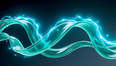 Teal waves pulsate and shimmer with electric energy against a shadowy backdrop.の素材