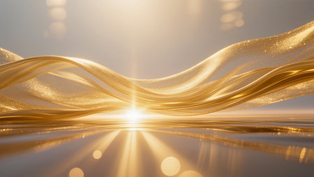 Glimmering golden ribbons flow gracefully, reflecting soft, warm light in a calm setting.の素材
