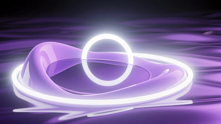 Gentle purple waves ripple around a luminous orb in a tranquil space.の素材