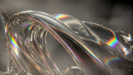Light dances through a twisted glass shape, creating a rainbow effect in mist.の素材