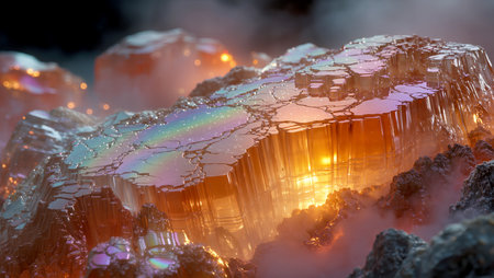 Illuminated crystal textures shimmer intensely in a foggy, colorful setting.の素材
