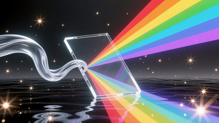 A glass prism bends light into a colorful rainbow while surrounded by sparkling stars.の素材