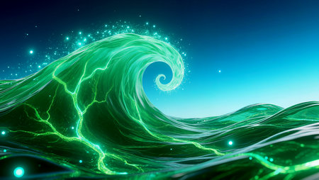 A striking green wave curls gracefully, sparkling under the warm sunlight.の素材