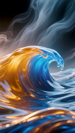 Brightly colored waves crest dramatically, reflecting light in stunning patterns.の素材