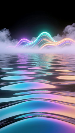 Vibrant waves of light shimmer above a calm, reflective surface under a dark sky.の素材