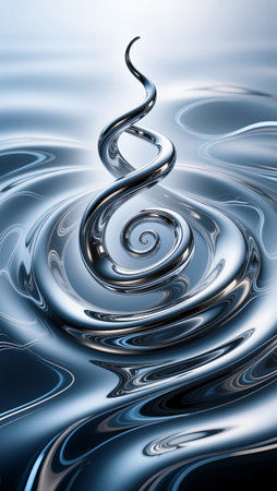 A shiny, twisting metal shape emerges gracefully from calm water during dawn.の素材