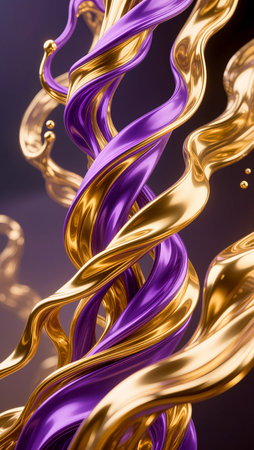 Vivid golden and purple swirls dance gracefully in a striking composition.の素材
