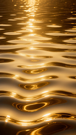 As sunlight sets, glowing waves shimmer gently on the water surface.の素材