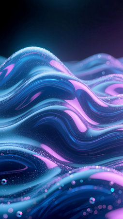 Flowing waves of shimmering blue and pink create a mesmerizing scene of light.の素材