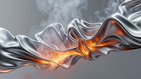 A dynamic scene of metallic fabric undulating, glowing warmly with smoke rising.の素材