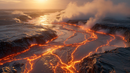 Lava rivers glow brightly as the sun sets, casting a warm light over the rugged terrain.の素材