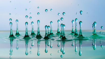 Water droplets leap and fall, forming elegant shapes and reflections in calm water.の素材