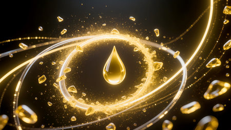 Stunning golden droplets swirl around a central drop, creating an enchanting scene.の素材