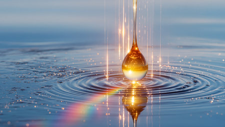 A golden droplet splashes down, causing shimmering ripples in the serene water.の素材