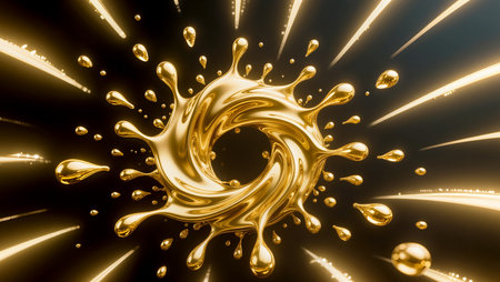 Bright golden droplets splash dynamically in a swirling pattern, showcasing movement.の素材