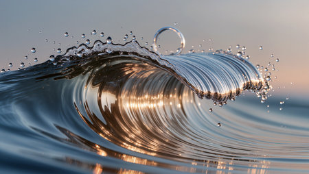 A stunning wave curls gracefully, sparkling with golden light at sunset.の素材