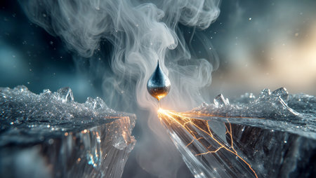 A silver droplet hovers above cracked ice, creating a brilliant spark amid mist.の素材