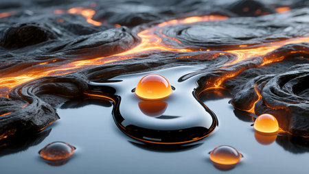 Bright orange droplets hover on dark lava, reflecting intense heat and light.の素材