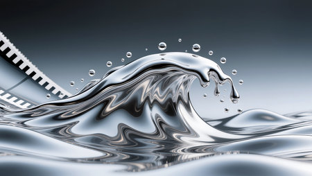 Silver waves crash gracefully, blending art and technology in a serene setting.の素材