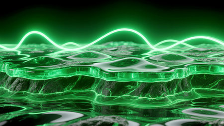 Vibrant green waves flow over a textured surface, creating an otherworldly vibe.の素材